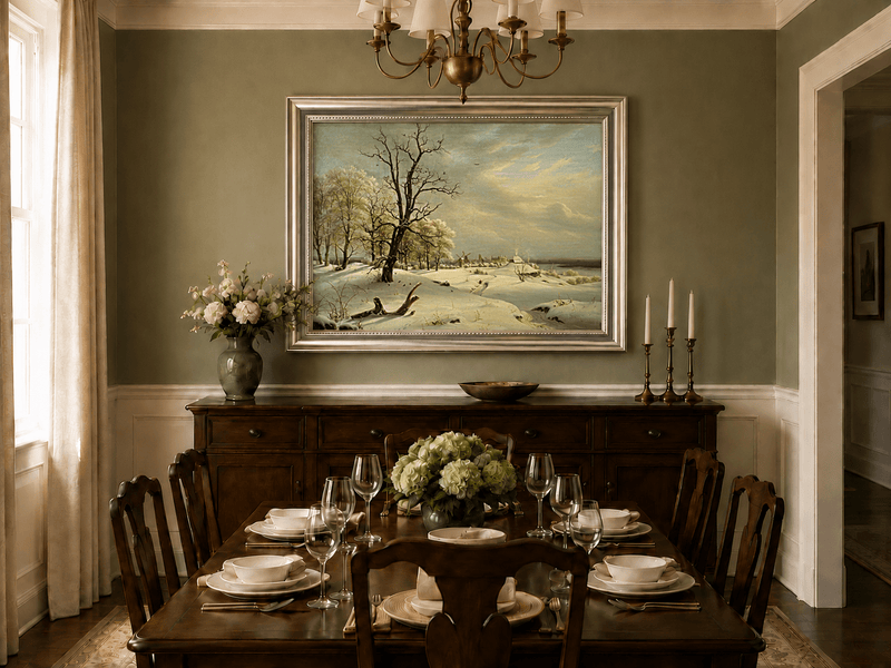 Landscape Oil Painting - Winter Coast with Old Oak and Village