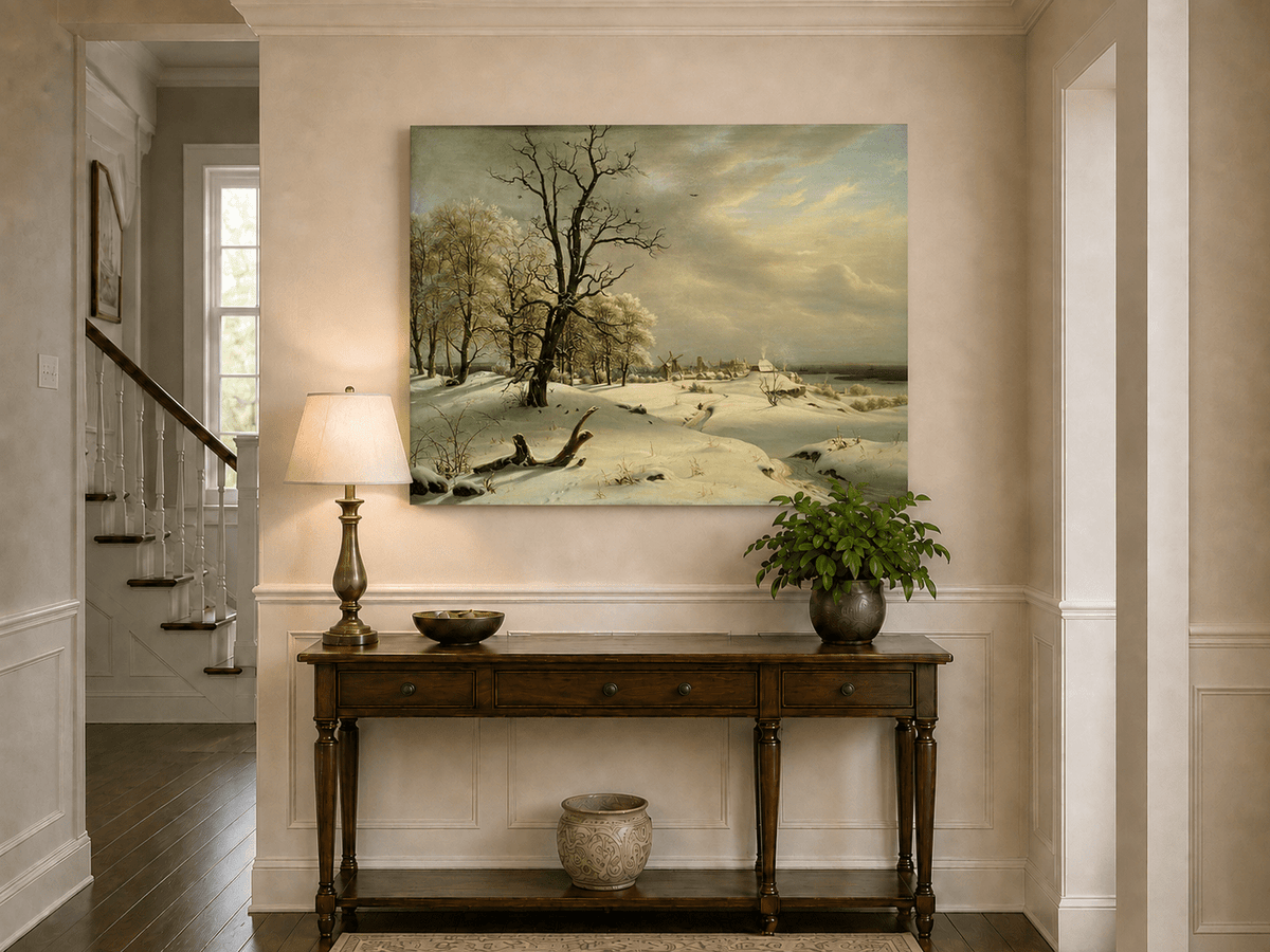 Landscape Oil Painting - Winter Coast with Old Oak and Village