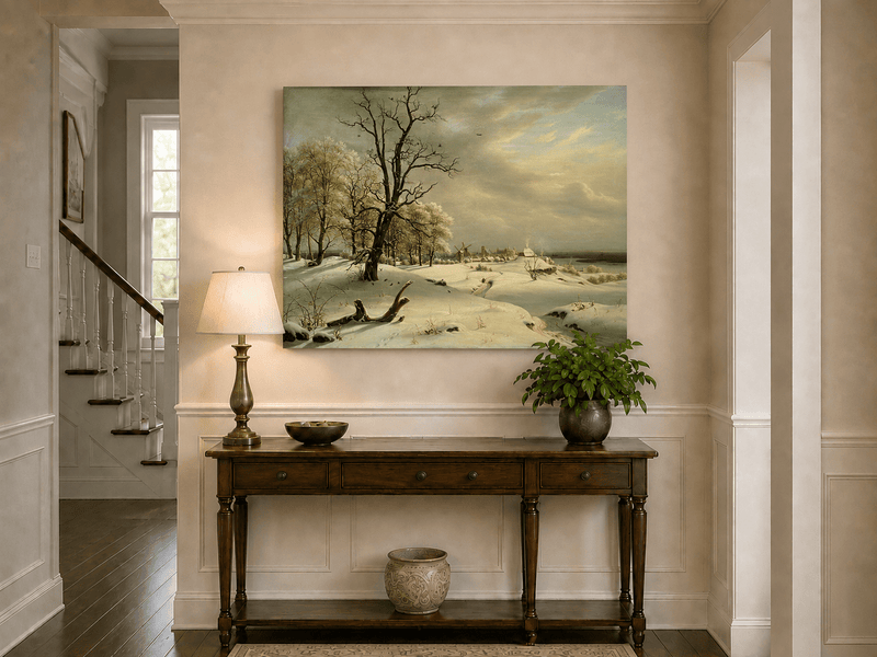 Landscape Oil Painting - Winter Coast with Old Oak and Village