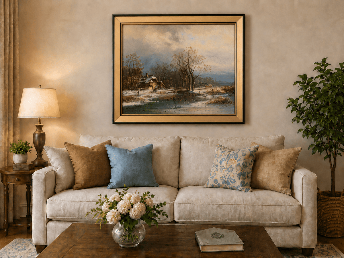 Peinture à l'huile de paysage - Gouffre rocheux spectaculaire avec personnages