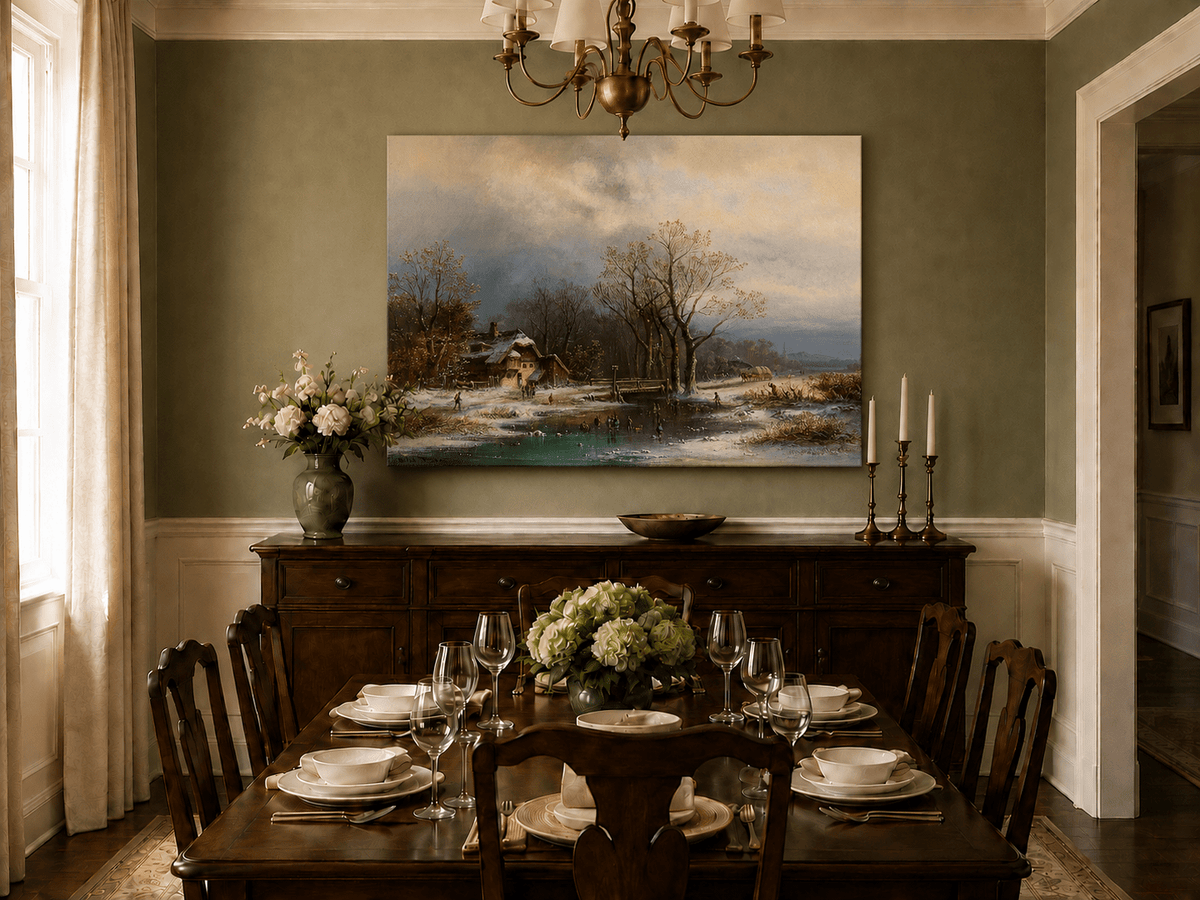 Peinture à l'huile de paysage - Gouffre rocheux spectaculaire avec personnages