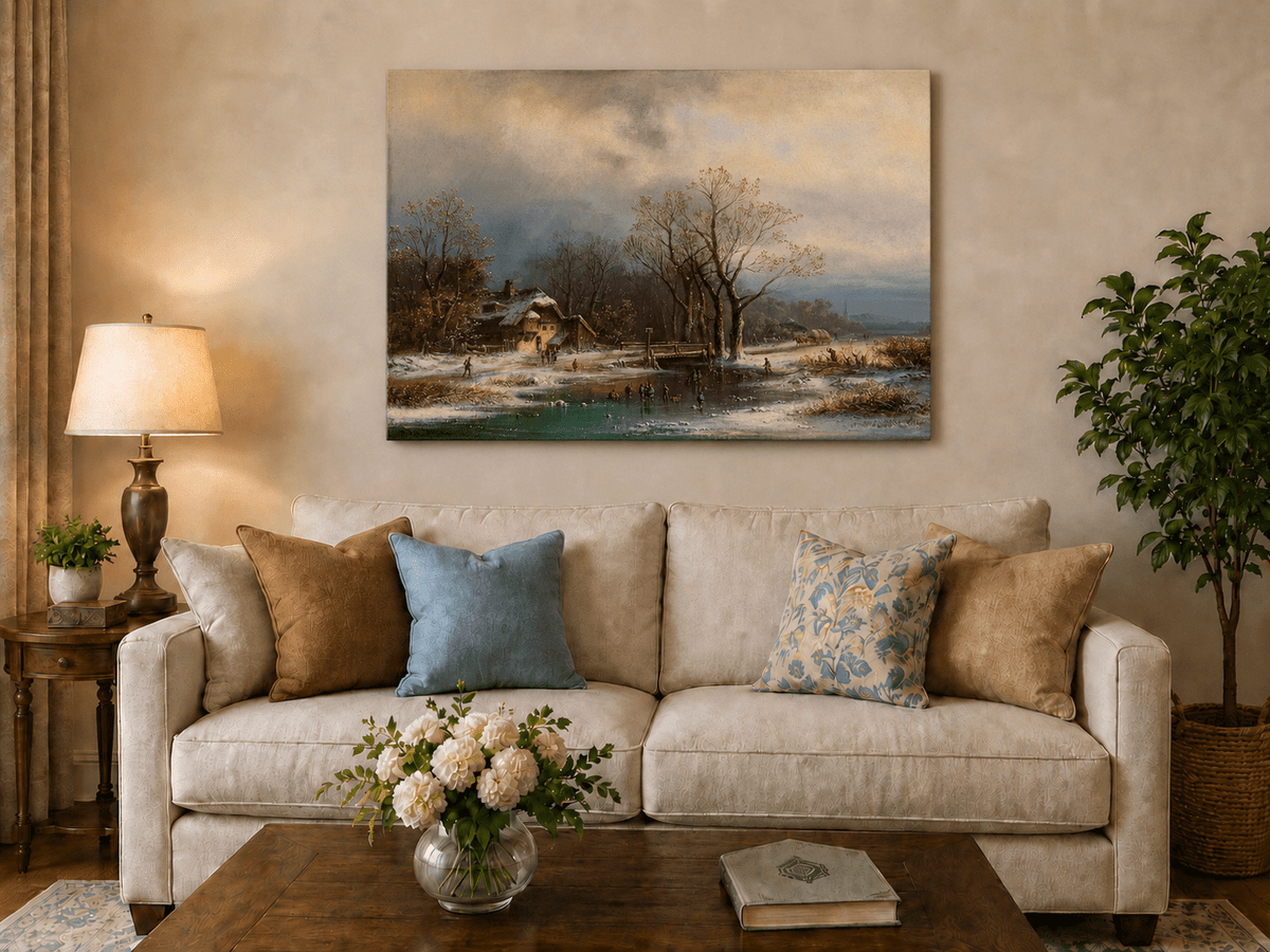Peinture à l'huile de paysage - Gouffre rocheux spectaculaire avec personnages