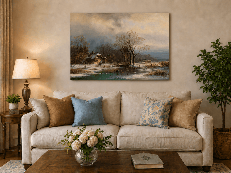 Peinture à l'huile de paysage - Gouffre rocheux spectaculaire avec personnages