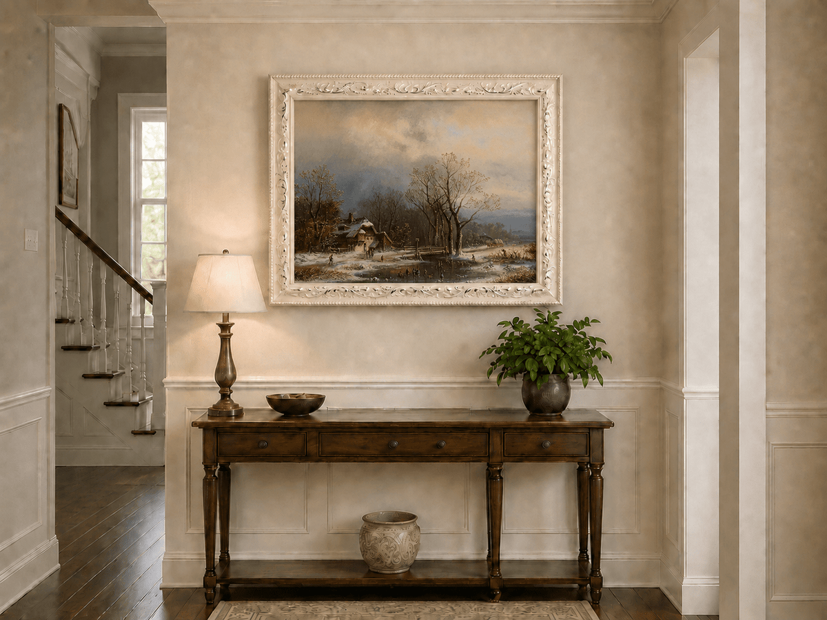 Peinture à l'huile de paysage - Gouffre rocheux spectaculaire avec personnages
