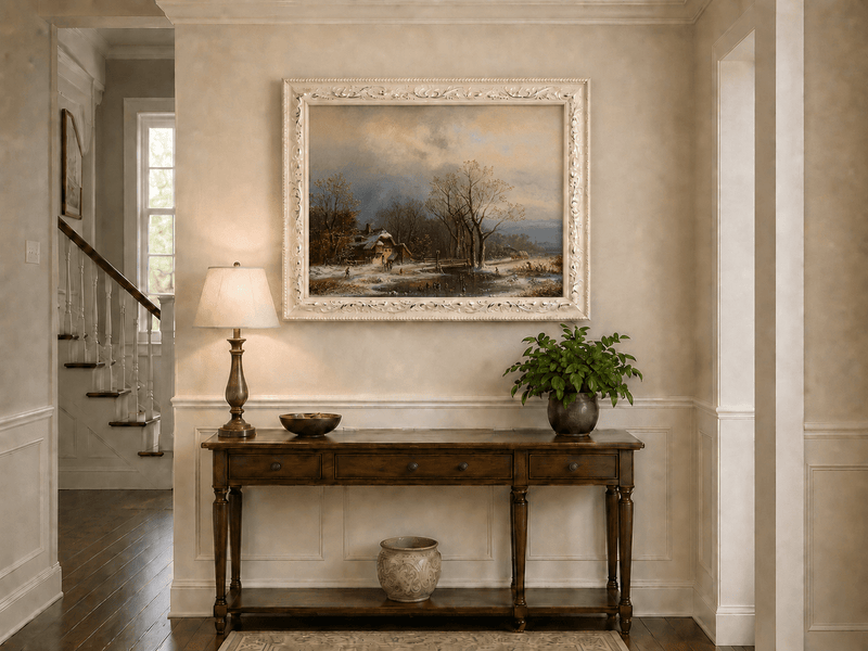 Peinture à l'huile de paysage - Gouffre rocheux spectaculaire avec personnages