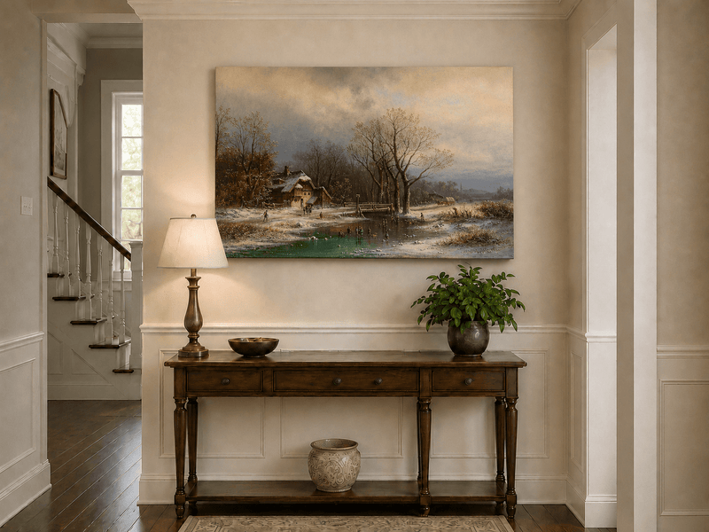 Peinture à l'huile de paysage - Gouffre rocheux spectaculaire avec personnages