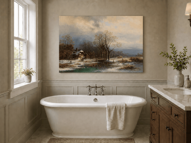 Peinture à l'huile de paysage - Gouffre rocheux spectaculaire avec personnages
