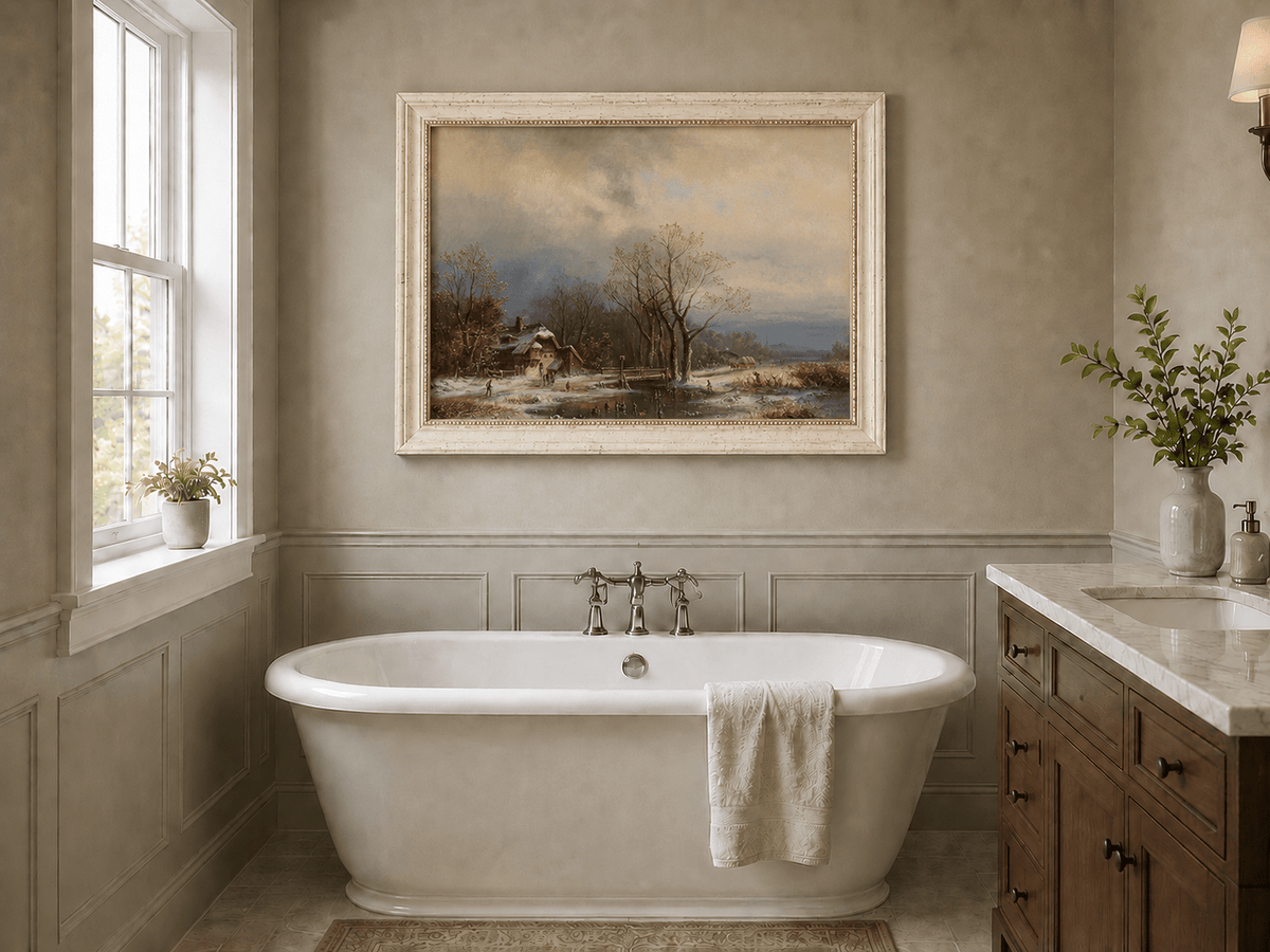 Peinture à l'huile de paysage - Gouffre rocheux spectaculaire avec personnages
