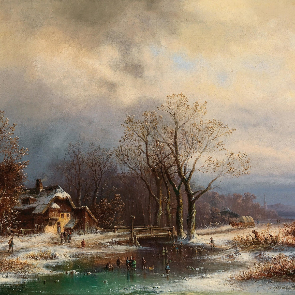 Hand-painted winter cottage and frozen pond view landscape oil painting on canvas