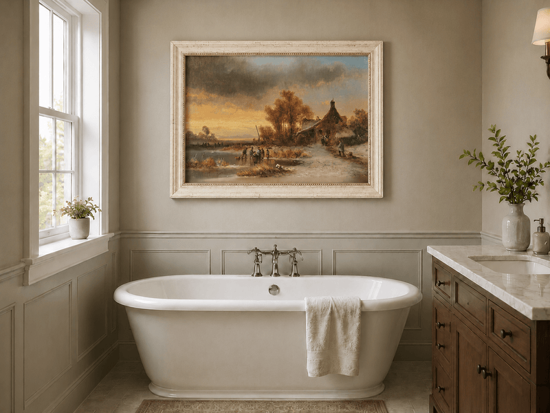 Peinture à l'huile de paysage - Gouffre rocheux spectaculaire avec personnages