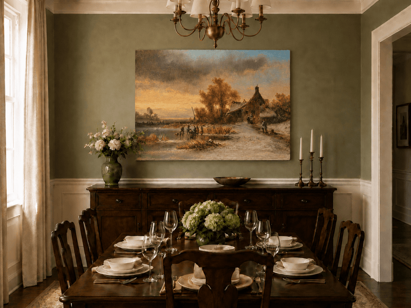 Peinture à l'huile de paysage - Gouffre rocheux spectaculaire avec personnages