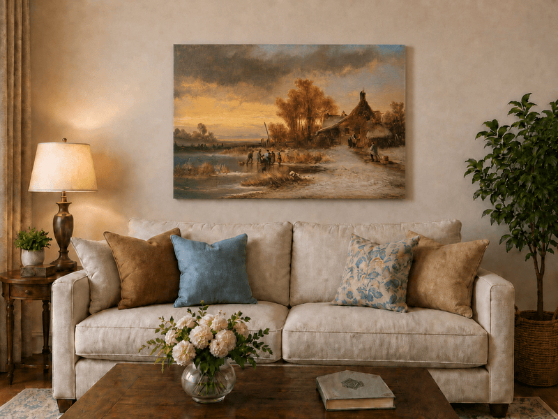 Peinture à l'huile de paysage - Gouffre rocheux spectaculaire avec personnages