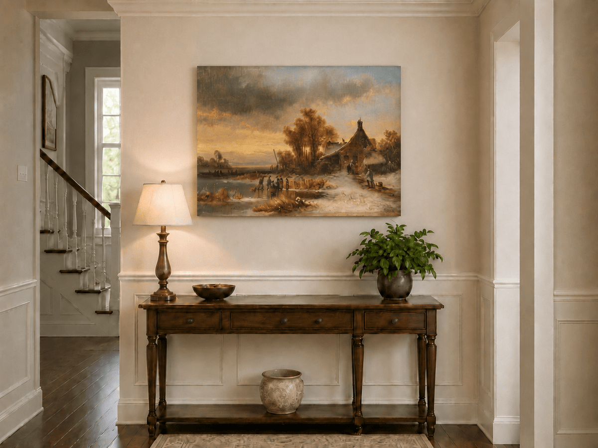 Peinture à l'huile de paysage - Gouffre rocheux spectaculaire avec personnages