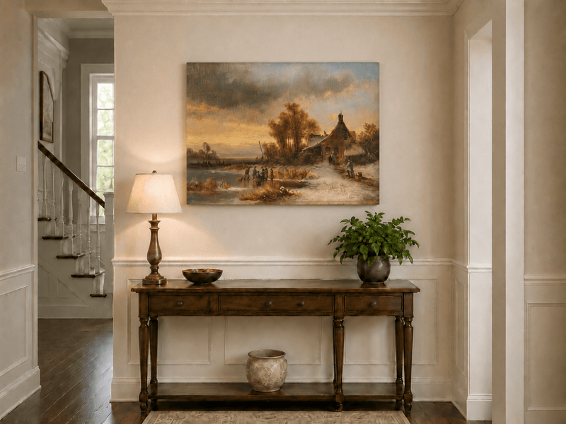 Peinture à l'huile de paysage - Gouffre rocheux spectaculaire avec personnages