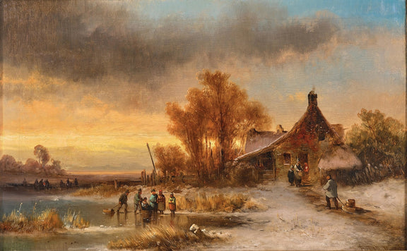 Hand-painted winter cottage by the frozen pond scene landscape oil painting on canvas