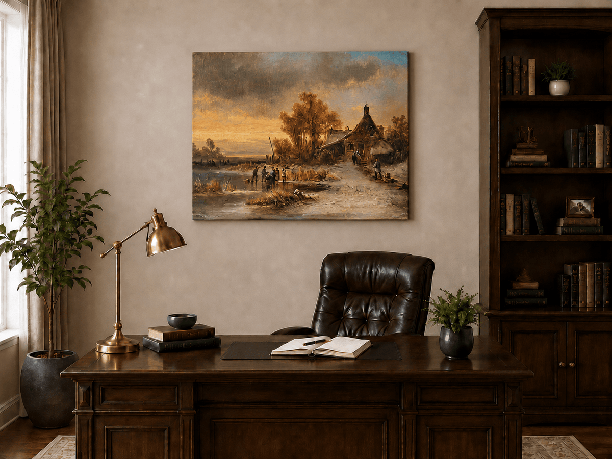 Peinture à l'huile de paysage - Gouffre rocheux spectaculaire avec personnages