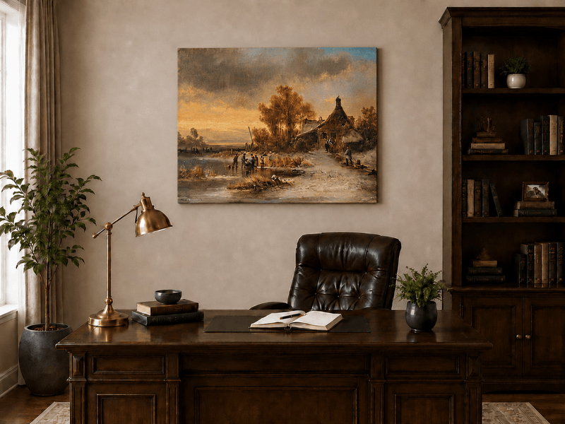 Peinture à l'huile de paysage - Gouffre rocheux spectaculaire avec personnages