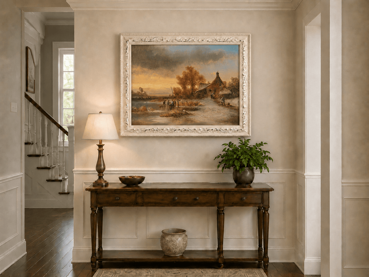 Peinture à l'huile de paysage - Gouffre rocheux spectaculaire avec personnages