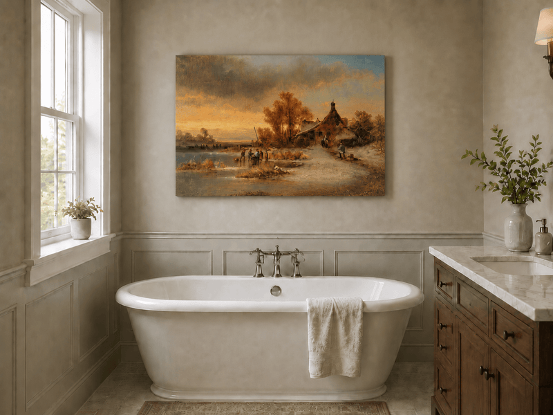 Peinture à l'huile de paysage - Gouffre rocheux spectaculaire avec personnages