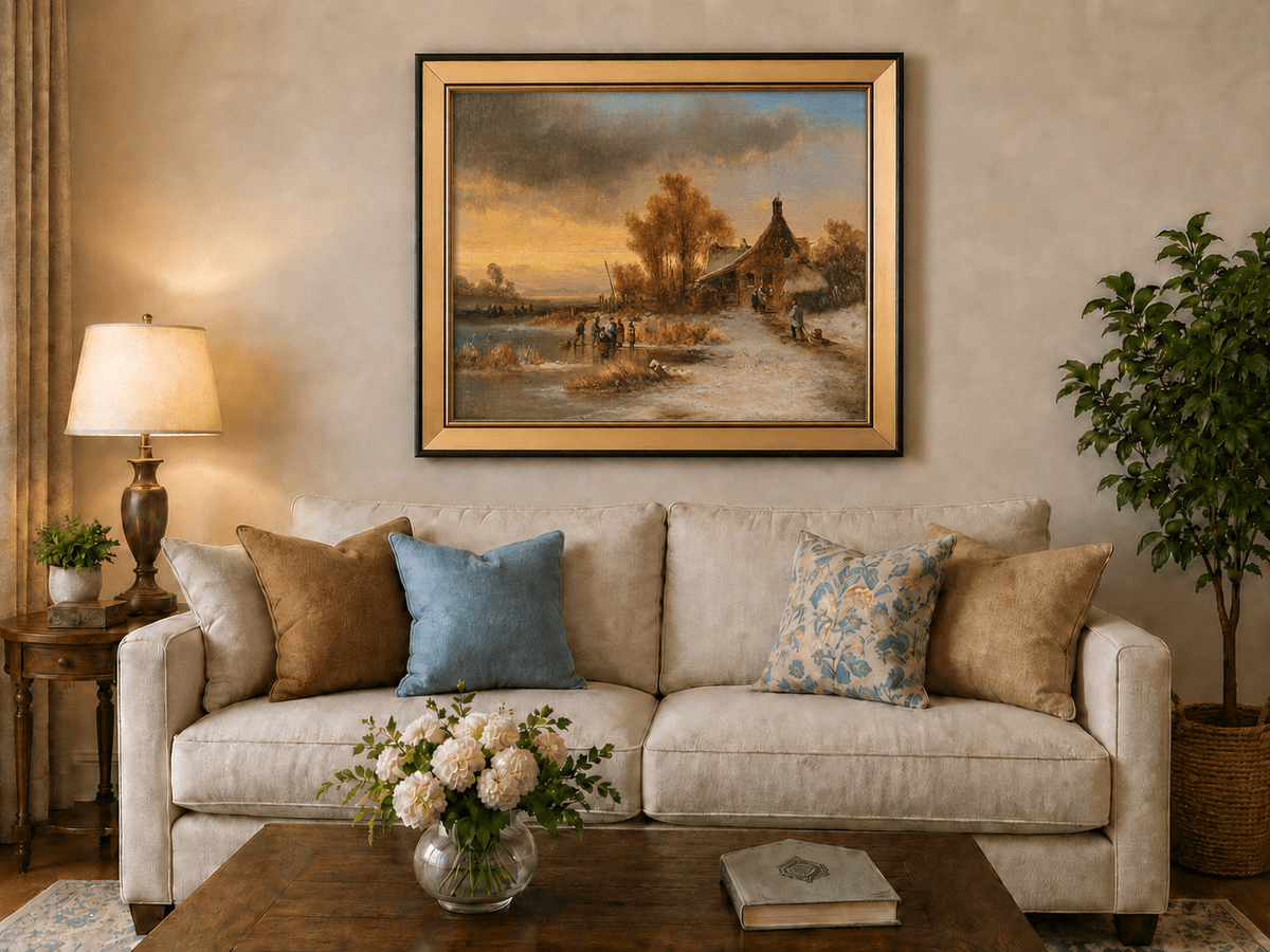 Peinture à l'huile de paysage - Gouffre rocheux spectaculaire avec personnages