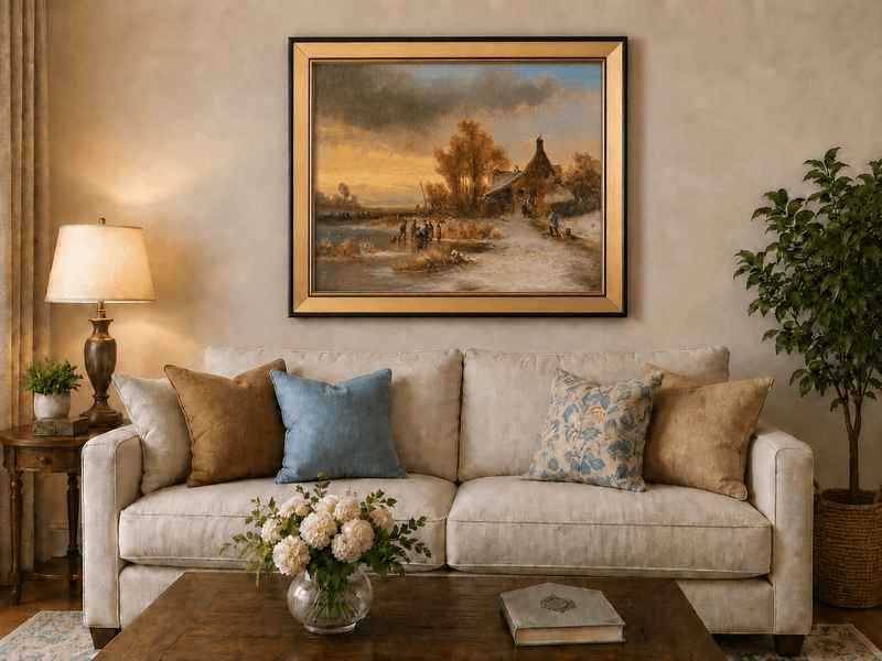 Peinture à l'huile de paysage - Gouffre rocheux spectaculaire avec personnages