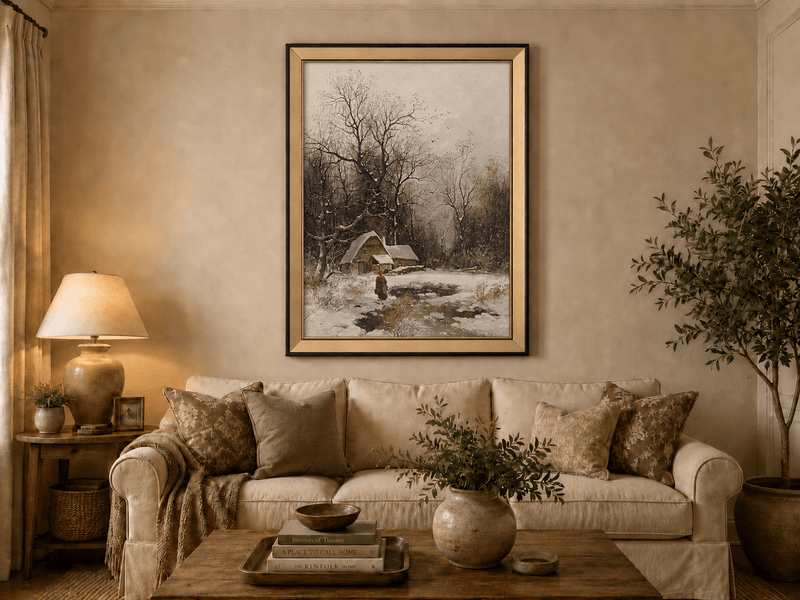 Pintura al óleo de paisaje - Cabaña de invierno con árboles nevados y figura