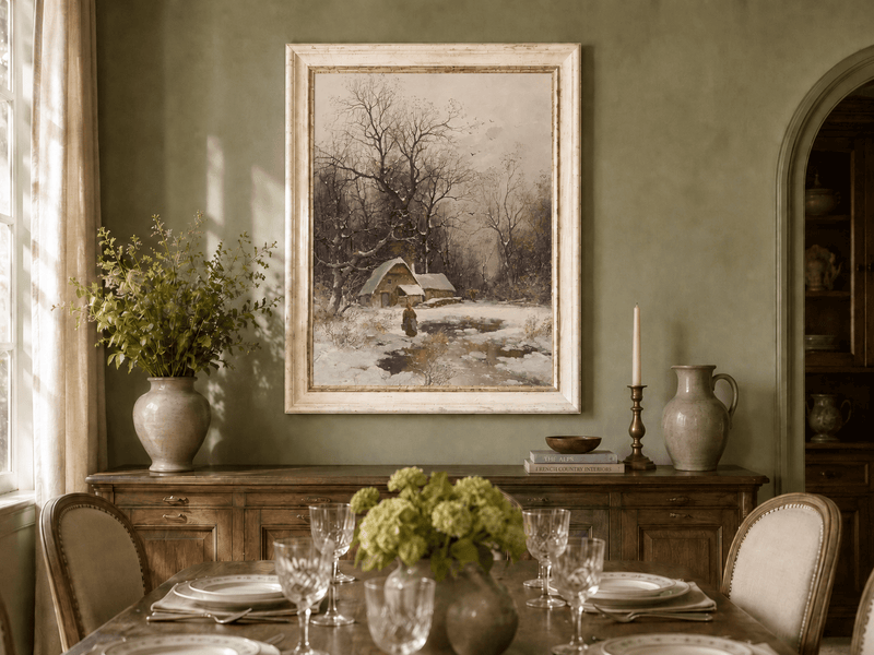 Pintura al óleo de paisaje - Cabaña de invierno con árboles nevados y figura