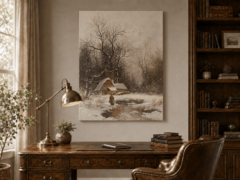 Pintura al óleo de paisaje - Cabaña de invierno con árboles nevados y figura