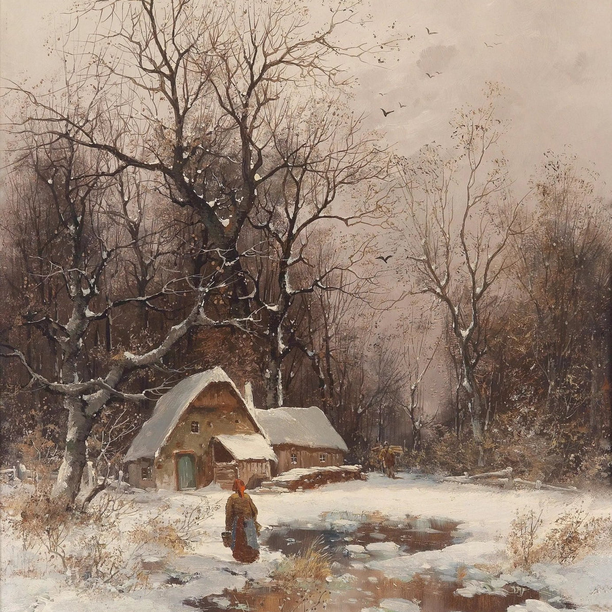 Landscape Oil Painting - Winter Cottage with Snowy Trees & Figure - Oil Painting Haven
