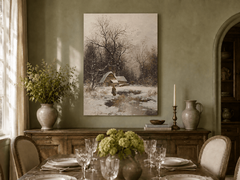 Pintura al óleo de paisaje - Cabaña de invierno con árboles nevados y figura