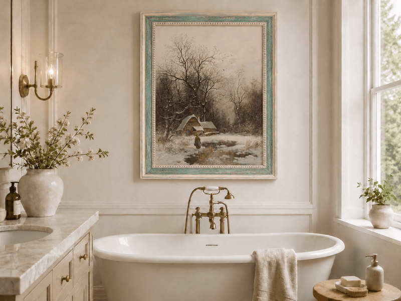 Pintura al óleo de paisaje - Cabaña de invierno con árboles nevados y figura