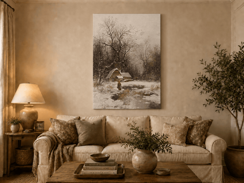 Pintura al óleo de paisaje - Cabaña de invierno con árboles nevados y figura
