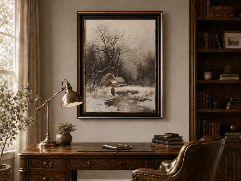 Pintura al óleo de paisaje - Cabaña de invierno con árboles nevados y figura