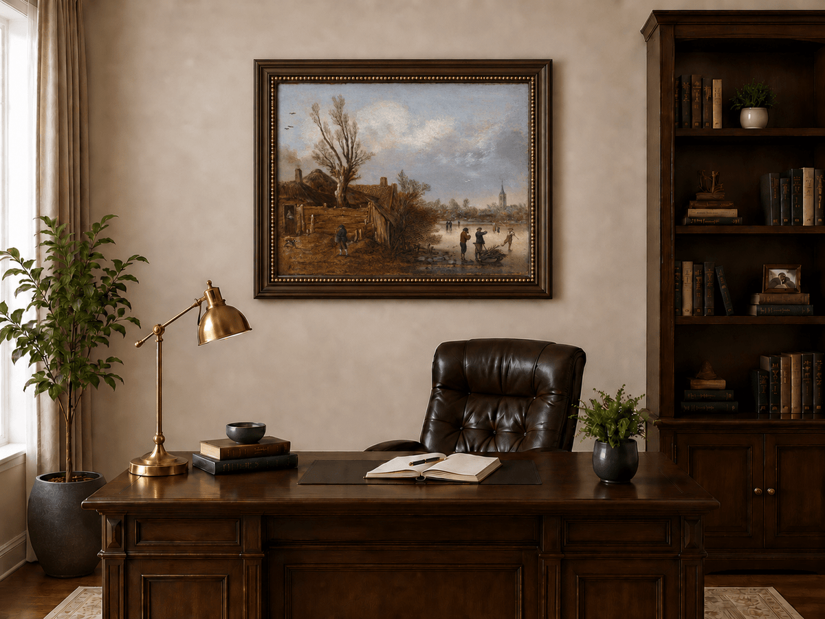 Landscape Oil Painting - Winter Cottages and Frozen River