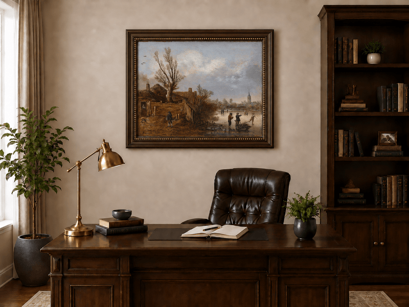 Landscape Oil Painting - Winter Cottages and Frozen River
