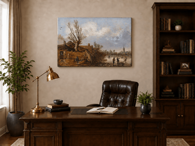 Landscape Oil Painting - Winter Cottages and Frozen River