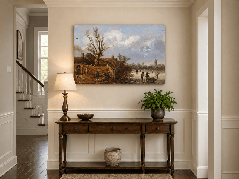 Landscape Oil Painting - Winter Cottages and Frozen River