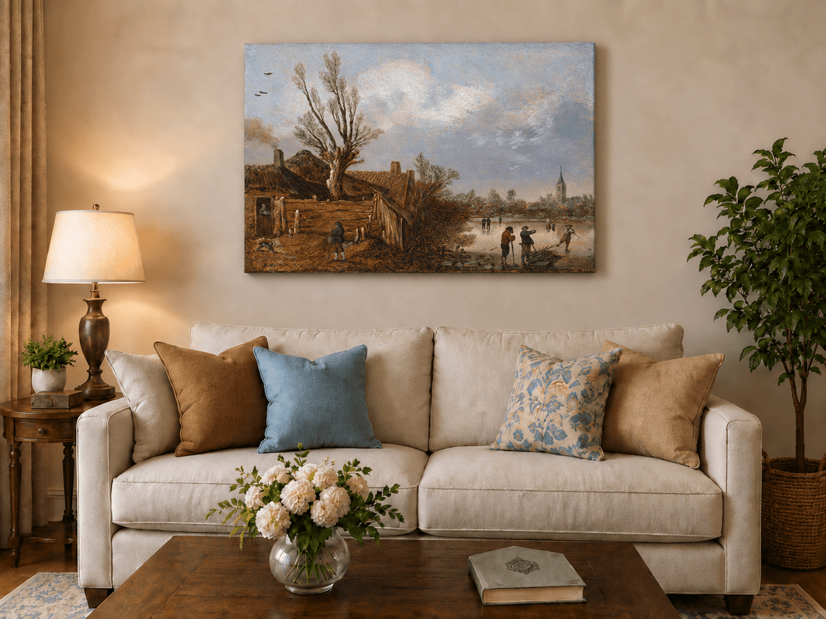 Landscape Oil Painting - Winter Cottages and Frozen River