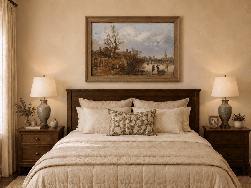 Landscape Oil Painting - Winter Cottages and Frozen River