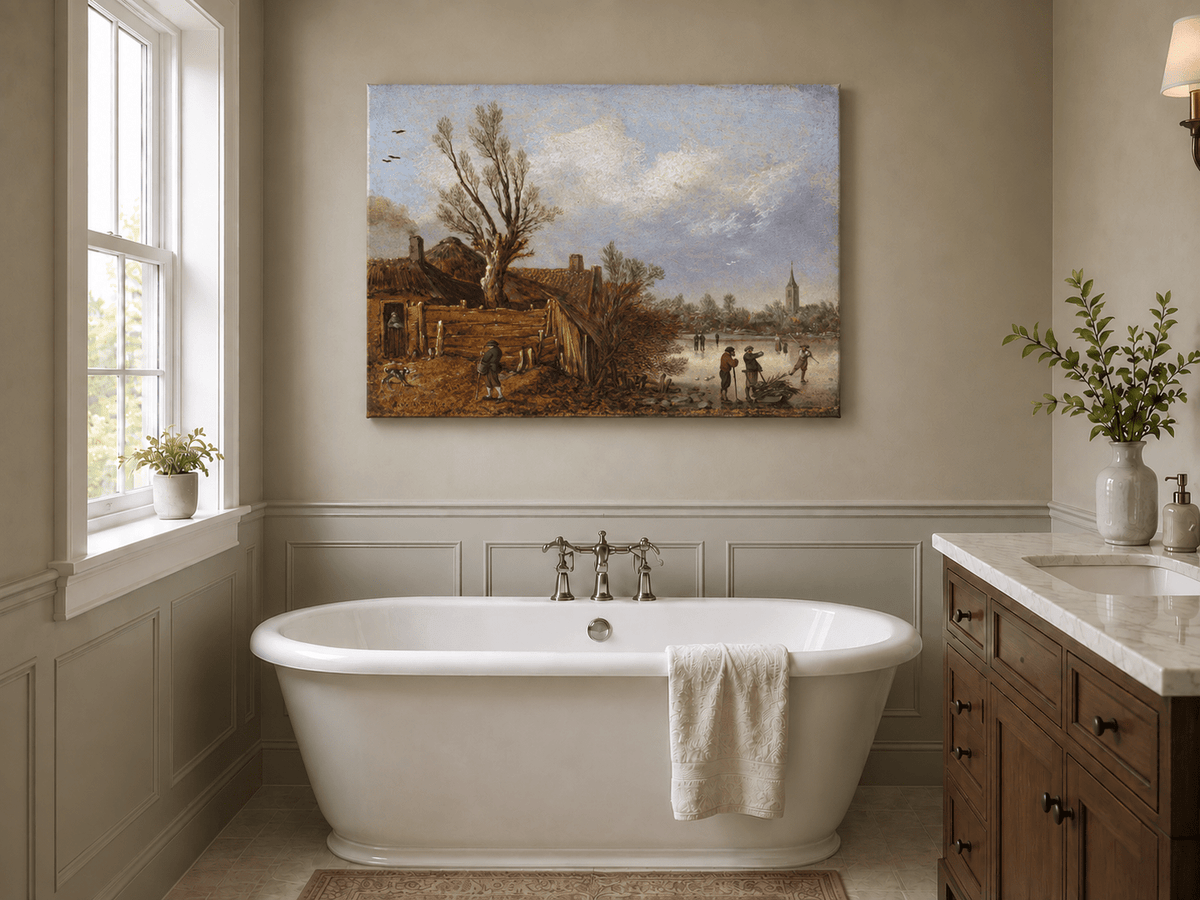 Landscape Oil Painting - Winter Cottages and Frozen River