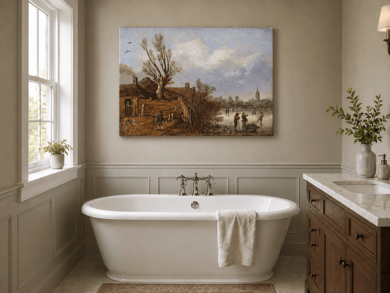 Landscape Oil Painting - Winter Cottages and Frozen River