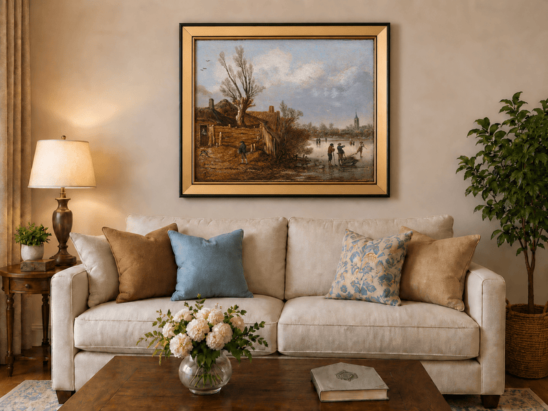 Landscape Oil Painting - Winter Cottages and Frozen River