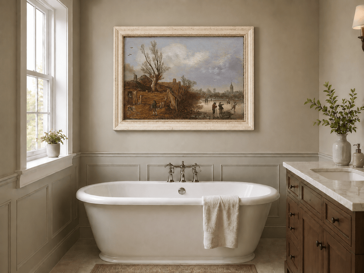 Landscape Oil Painting - Winter Cottages and Frozen River
