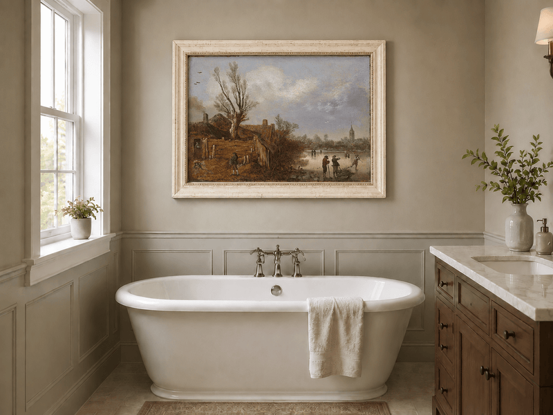 Landscape Oil Painting - Winter Cottages and Frozen River