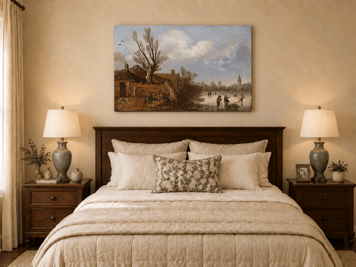 Landscape Oil Painting - Winter Cottages and Frozen River