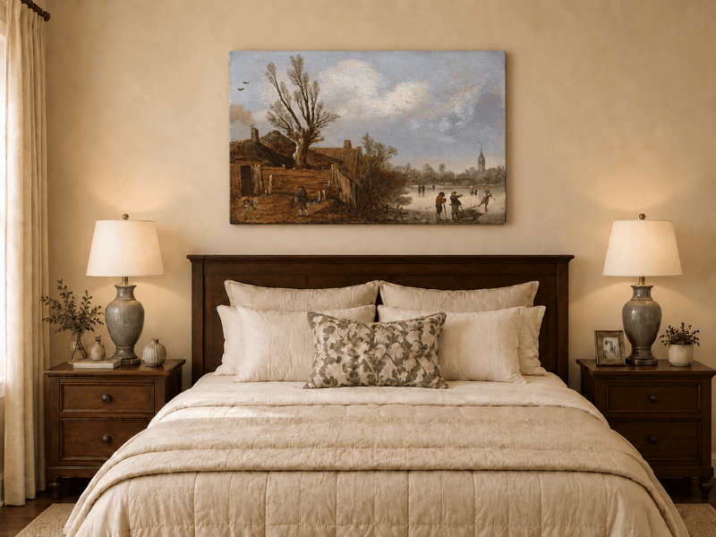 Landscape Oil Painting - Winter Cottages and Frozen River