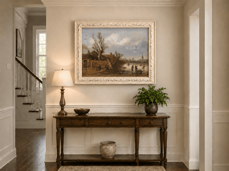 Landscape Oil Painting - Winter Cottages and Frozen River