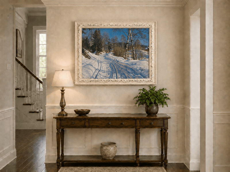 Peinture à l'huile de paysage - Chemin de campagne en hiver, bouleaux