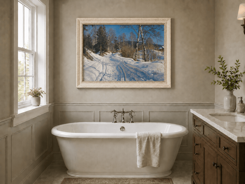Peinture à l'huile de paysage - Chemin de campagne en hiver, bouleaux