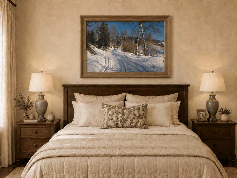 Peinture à l'huile de paysage - Chemin de campagne en hiver, bouleaux